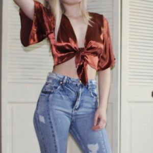 Rust Satin Tie Crop Top